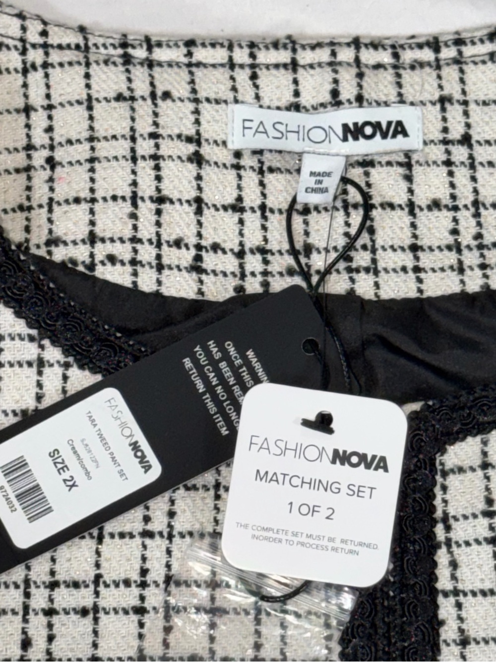 Fashion Nova Tara Tweed Pantsuit Set NWT 2X Cropped Jacket Wide Leg Pants O75 - Picture 3 of 14